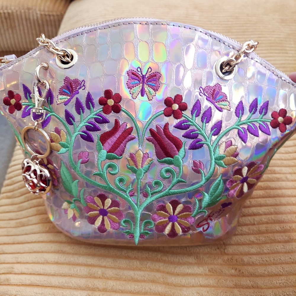 Sharif Holographic Floral Embroidered Quilted Metallic Leather Women's Bag